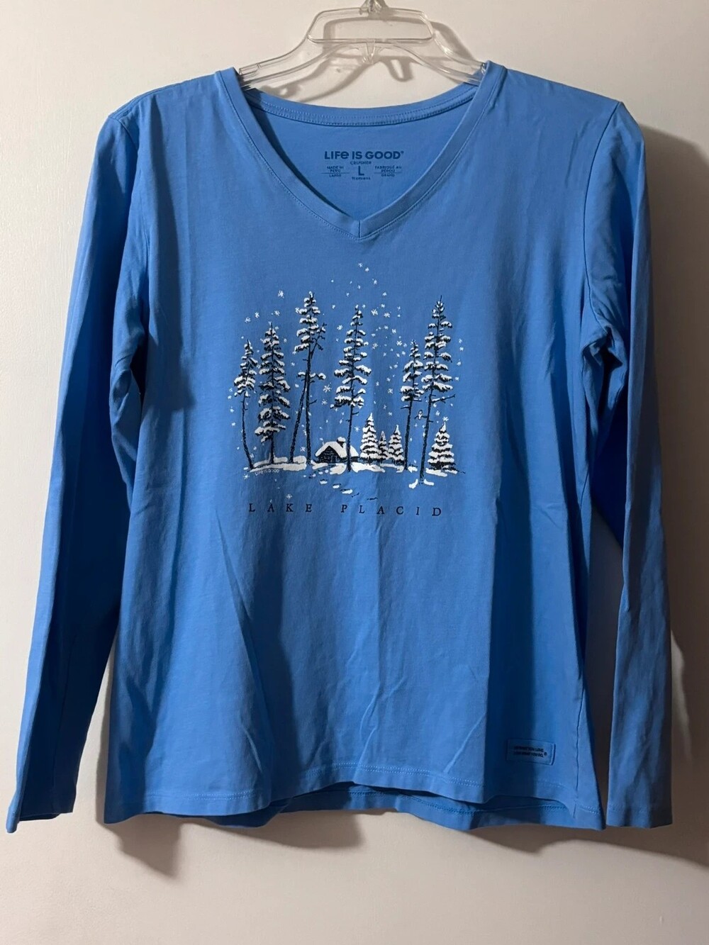 Life is Good Lake Placid Winter Cabin Crusher Tee | Periwinkle Blue Long Sleeve